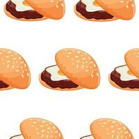 pattern with hamburger icon with wheat bun with congee and beef patty and fried chicken egg, for World Burger Day vector