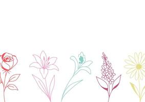 poster or card template with simple icons of buds of various flowers and branches drawn with multi-colored multiple lines in line art style, for logos and tattoos vector