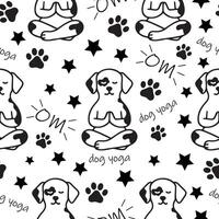 pattern with a simple icon of a dog doing yoga, namely sitting in the lotus position and various inscriptions, for logos and various designs vector
