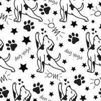 seamless pattern with a simple icon of a dog doing yoga, namely standing in a warrior pose and with various inscriptions, for logos and various designs vector