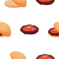 pattern with hamburger icon with wheat bun with congee and fried beef patty and red tomato slices, for World Burger Day vector