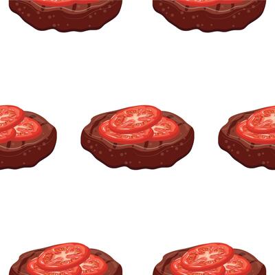 pattern with icon of grilled meat patty for hamburger and slices of red tomato, for international hamburger day