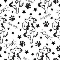 seamless pattern with a simple icon of a dog doing yoga, namely balancing on one paw with various inscriptions, for logos and various designs vector