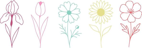set of simple icons of buds of various flowers with petals of different sizes drawn with several multi-colored lines in line art style, for logos and tattoos vector