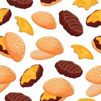 seamless pattern with hamburger icon with wheat bun and beef patty and melted piece of cheddar cheese, for World Burger Day vector