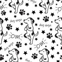 seamless pattern with a simple icon of a dog doing yoga, namely standing in the tree pose and various inscriptions, for logos and various designs vector