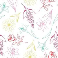 seamless pattern with simple icons of buds of various flowers and branches drawn with multi-colored multiple lines in line art style, for logos and tattoos vector