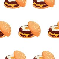 pattern with icon burger with wheat bun with congee and two beef patties and fried chicken egg and melted cheese, for World Burger Day vector