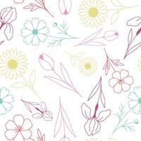 seamless pattern with simple icons of buds of various flowers with petals of different sizes drawn with several multi-colored lines in line art style, for logos and tattoos vector