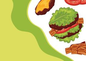 poster with burgers, namely with a burger with fried patties, vegetables, cheese, bacon in lettuce leaves instead of buns and pastel green spots, for World Burger Day vector