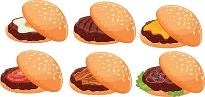 set of various hamburgers with wheat buns, beef patty and various fresh vegetables, for World Burger Day vector