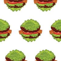 Pattern with a hamburger icon with a double patty, melted cheese and tomatoes and green lettuce instead of a bun, for World Burger Day vector