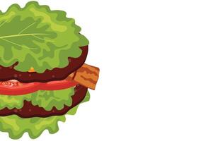 poster with burgers, namely with half a burger with a fried patty, vegetables and bacon and leaves instead of a bun, for World Burger Day vector