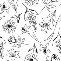 seamless pattern with simple icons of buds of various flowers and branches drawn with several lines in line art style, for logos and tattoos vector