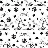 seamless pattern with a simple icon of a dog doing yoga, namely lying in the sphinx pose and various inscriptions, for logos and various designs vector