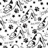 pattern with an icon of a dog doing yoga, namely in the downward dog pose, and various inscriptions, for logos and various designs vector