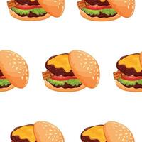 pattern with icon of juicy burger with double patty, tomato, bacon and melted cheese and greens, for World Burger Day vector
