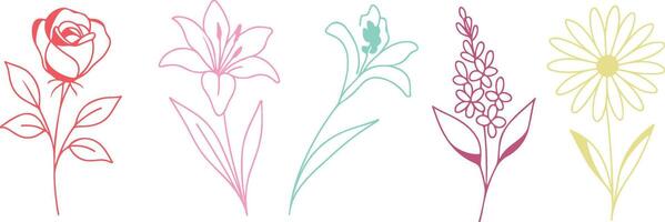 set of simple icons of buds of various flowers and branches drawn with multi-colored multiple lines in line art style, for logos and tattoos vector