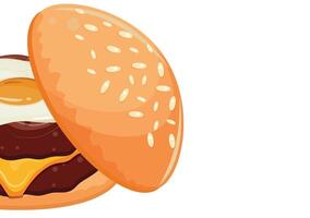 poster with burgers, namely with half a burger with a fried patty, cheese, a fried egg and a bun with congee, for World Burger Day vector