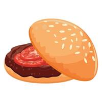 hamburger icon with wheat bun with congee and beef patty and tomato slices, for world burger day vector
