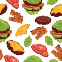 seamless pattern with a hamburger icon with a double patty, melted cheese and tomatoes and green lettuce instead of a bun, for World Burger Day vector