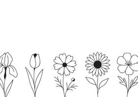 poster or card template with simple icons of buds of various flowers with petals of different sizes drawn with several lines in line art style, for logos and tattoos vector
