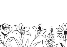 poster or card template with simple icons of buds of various flowers and branches drawn with several lines in line art style, for logos and tattoos vector