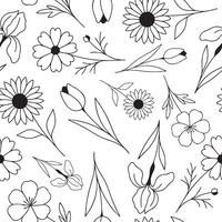 seamless pattern with simple icons of buds of various flowers with petals of different sizes drawn with several lines in line art style, for logos and tattoos vector