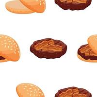 pattern with hamburger icon with wheat bun with congee and fried beef and bacon patty on the grill, for World Burger Day vector