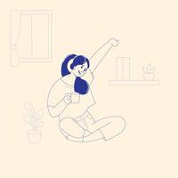Woman Relaxing with Morning Coffee at Home, Minimalist Line Art Illustration vector