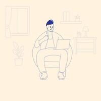 Man Working from Home with Coffee, Minimalist Line Art Illustration vector