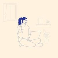 Woman Taking Coffee Break While Working from Home, Minimalist Line Art Illustration vector