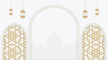 White Ramadan Kareem Islamic Frame Background with Lanterns and Geometric Patterns vector