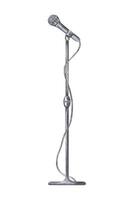 Watercolor silver microphone on stand and with wire illustration isolated background. Concert sound accessory on counter in monochrome style for music related branding, podcast cover, studio decor vector