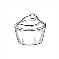 Sour cream in bowl isolated illustration painted by black inks. Etching drawing of mayonnaise, ketchup, guacamole or yogurt in sauce cup for for snack branding, menu design, recipe blogs vector