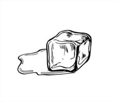 Monochrome melting ice cube with spreading water puddle illustration painted by black inks. Etching drawing of thawing ice block for scientific infographic on phase transitions, summer picture vector
