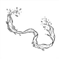 monochrome pure water splash with drops black and white drawing. Flowing water wave in motion with sprays etching drawing for beverage branding, skincare packaging, summer freshness design vector