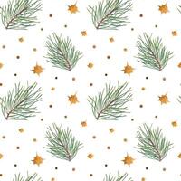 Spruce branches with Xmas golden stars and round confetti seamless watercolor pattern isolated background. Christmas pine twigs with decorative elements for wedding invitations, festive event decor vector