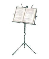 Music black metal stand with open music notebook watercolor illustration isolated background. Musical sheets on adjustable tripod holder for concert posters, classical event branding, minimalist decor vector