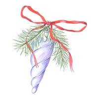 Xmas glass icicle shaped toy with fir branches and red ribbon watercolor illustration isolated background. Decorative element for Christmas decoration, New Year greetings, winter themed branding vector