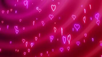 Neon red-purple outlines of hearts fall from the sky on a red-pink background. Loop animation video