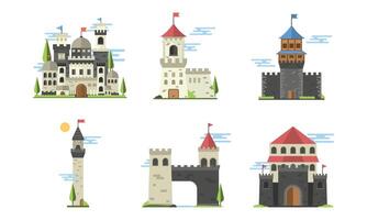 Fantasy castle set of different buildings, towers and towers illustration vector