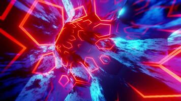 Blue rounded reflective tunnel with red neon. Loop animation video