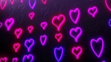 Group of red and violet neon hearts blink on black background. Loop animation video