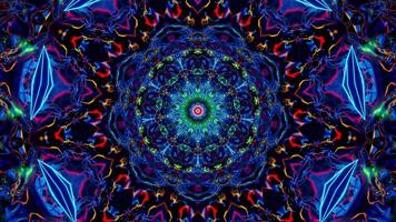 Blue and green flower with red center surrounded by smaller green and red flowers. Kaleidoscope VJ loop video