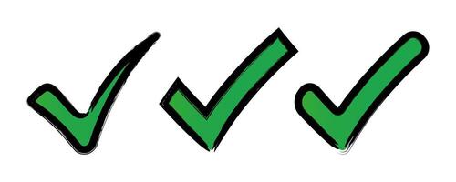 Set of different green black checkmark icons on isolated background. Collection of checkmarks with grunge texture. vector