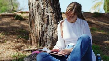 Focused female student writing study notes in notebook while sitting underneath green tree, enjoying peaceful park environment during sunny day video