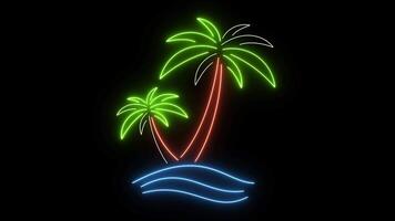 Neon Palm Tree Island Animation. Glowing Tropical Beach Lights on Black Background. Retro Loop Motion Design for Summer, Holiday, Nightclub, Travel, or Chill Vibes. video