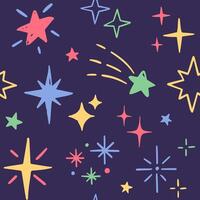 Doodle sparkles seamless pattern, background. Set of magic shiny stars drawings vector