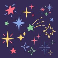 Doodle sparkles, set of magic shiny stars drawings vector